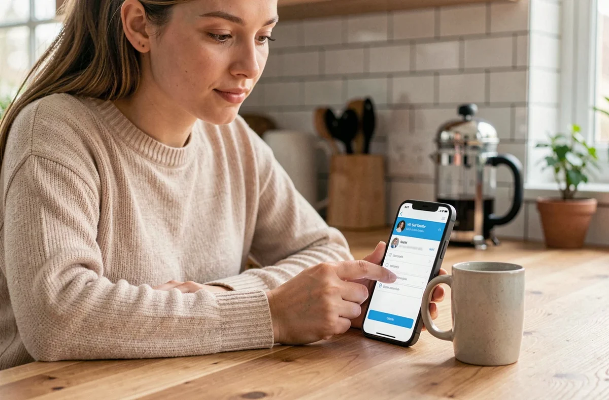 Jeune femme accédant à son compte Hr4you depuis son smartphone à domicile