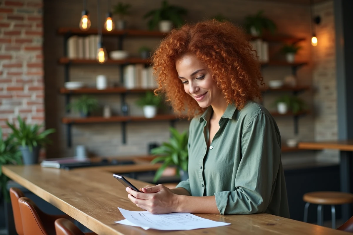 Jeune femme en espace de coworking consultant une application mobile de calcul de paie pour comprendre ses 67 heures mensuelles contractuelles