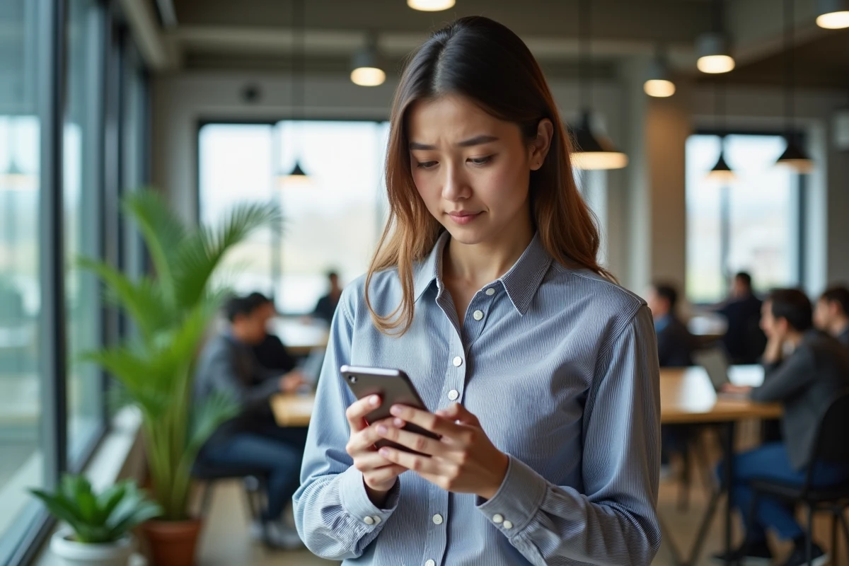 Jeune femme dans un espace coworking consultant son smartphone pour contacter l'Urssaf
