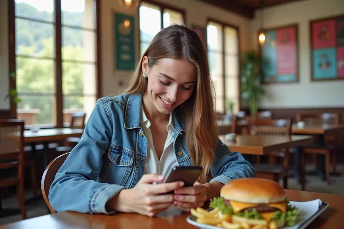 Jeune femme mangeant dans un restaurant corse intérieur