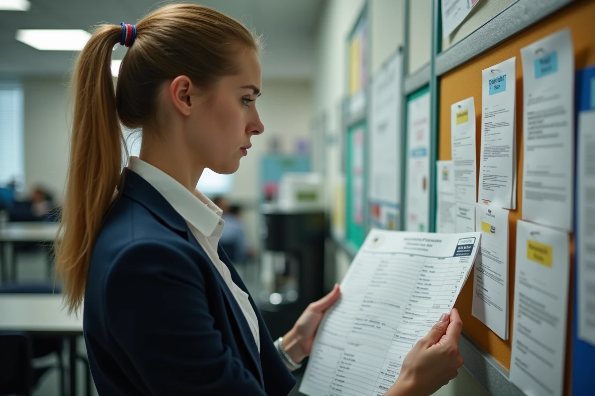 Jeune femme en école vérifiant un calendrier de paie