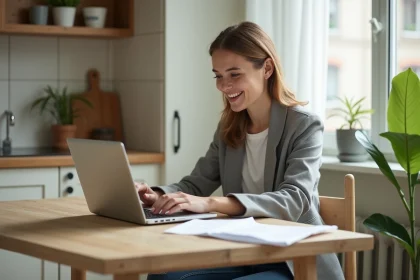 Jeune femme entrepreneure souriante dans sa cuisine lumineuse