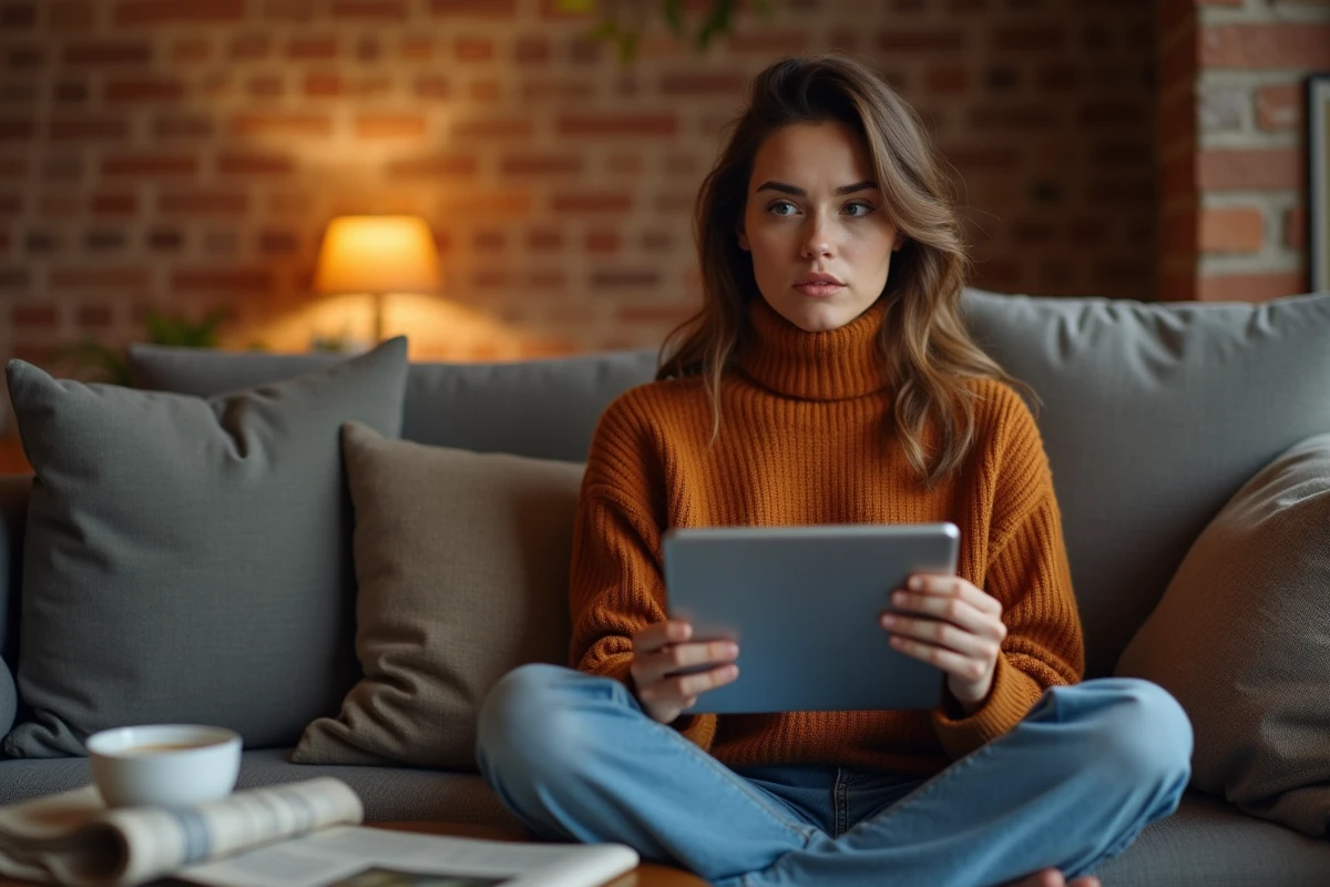 Jeune femme lisant des actualités sur une tablette numérique et évaluant la crédibilité des informations