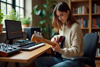 Jeune femme jouant de la guitare en studio chaleureux
