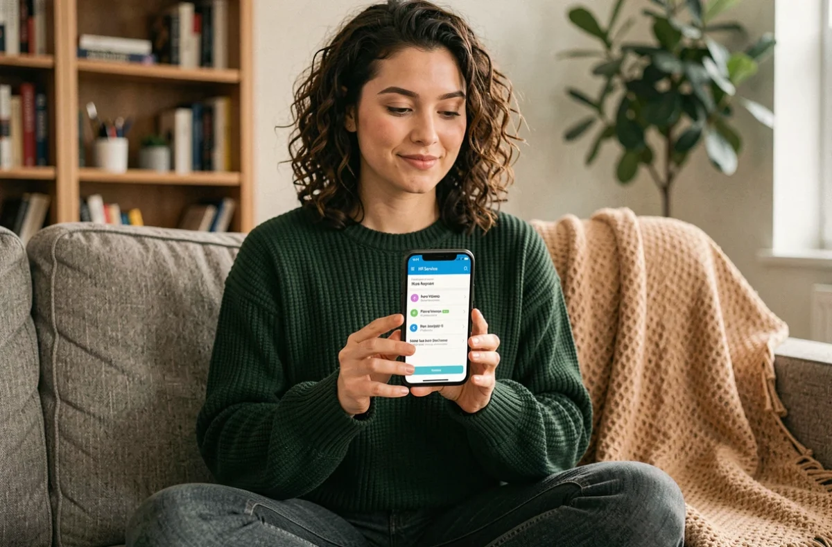 Jeune femme accédant aux services RH via l'application mobile M'RH connexion depuis son domicile