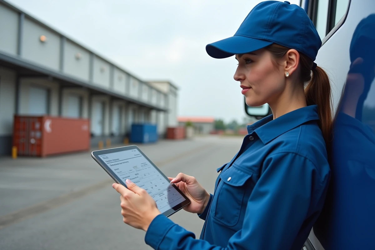 Jeune conductrice de camion vérifiant son salaire sur tablette