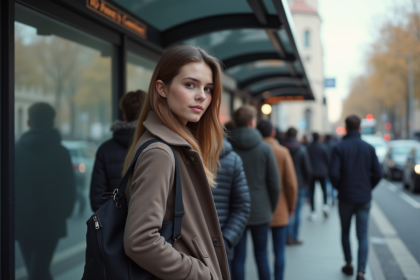 Jeune femme en tenue casual attendant à un arrêt de bus