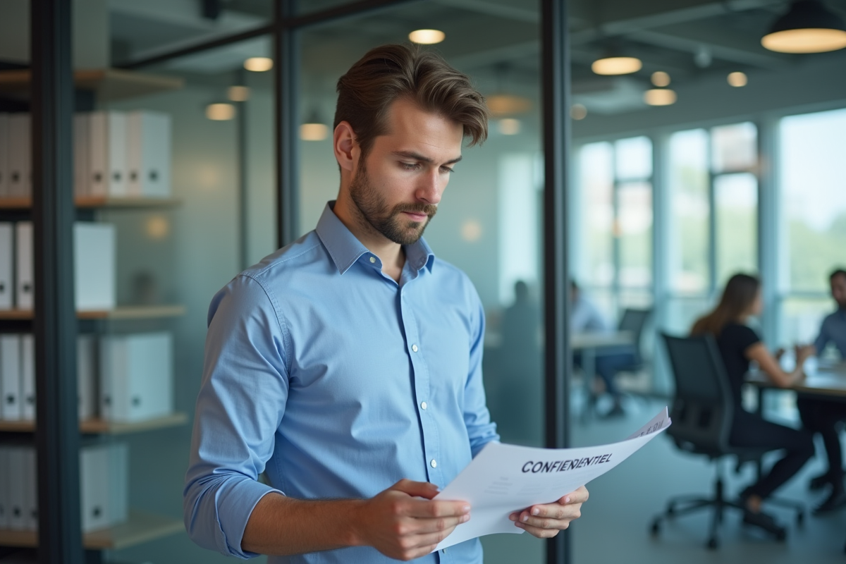 Jeune homme au bureau examinant des documents confidentiels