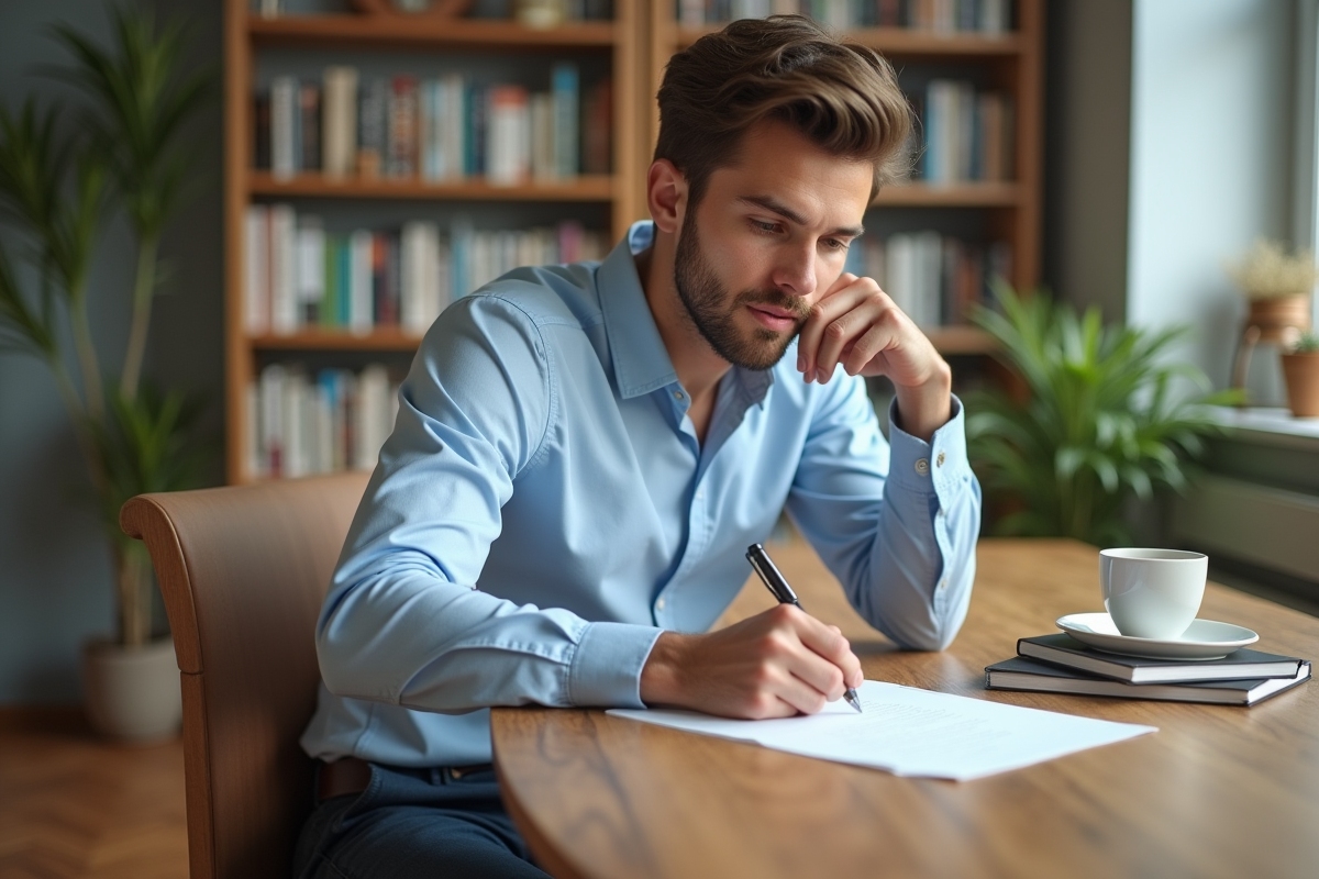 Jeune homme écrit une lettre à la maison