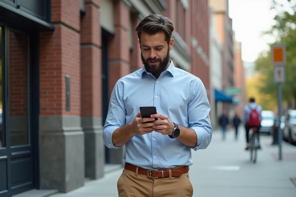 Jeune homme entrepreneur utilisant son smartphone en ville