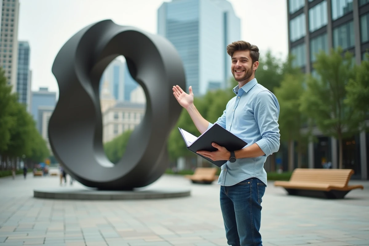 Jeune homme avec dossier dans une place urbaine