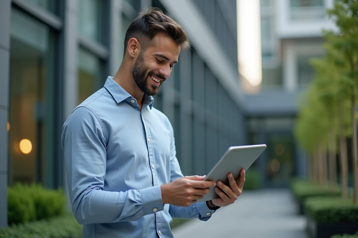 Jeune homme souriant tenant une tablette avec un diagramme réseau