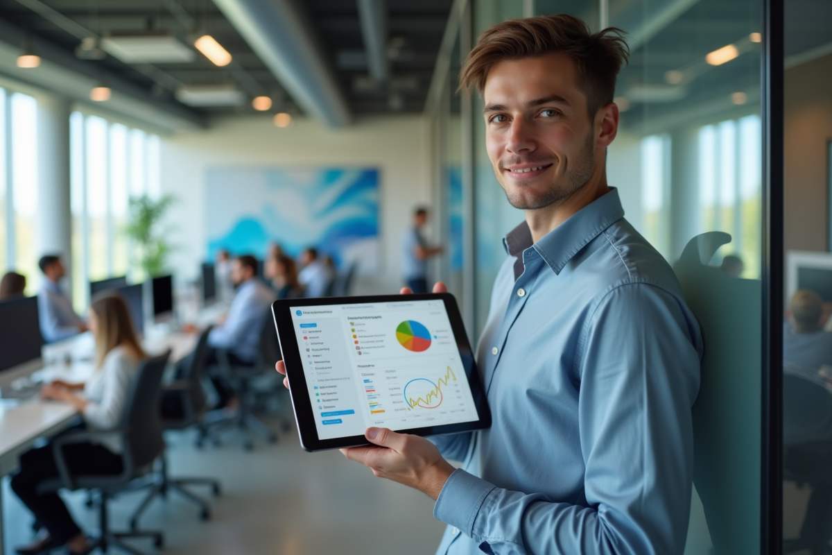 Jeune homme avec tablette affichant campagne email