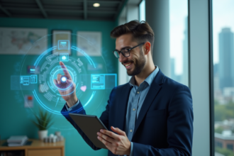 Ingénieur jeune homme souriant avec interface holographique