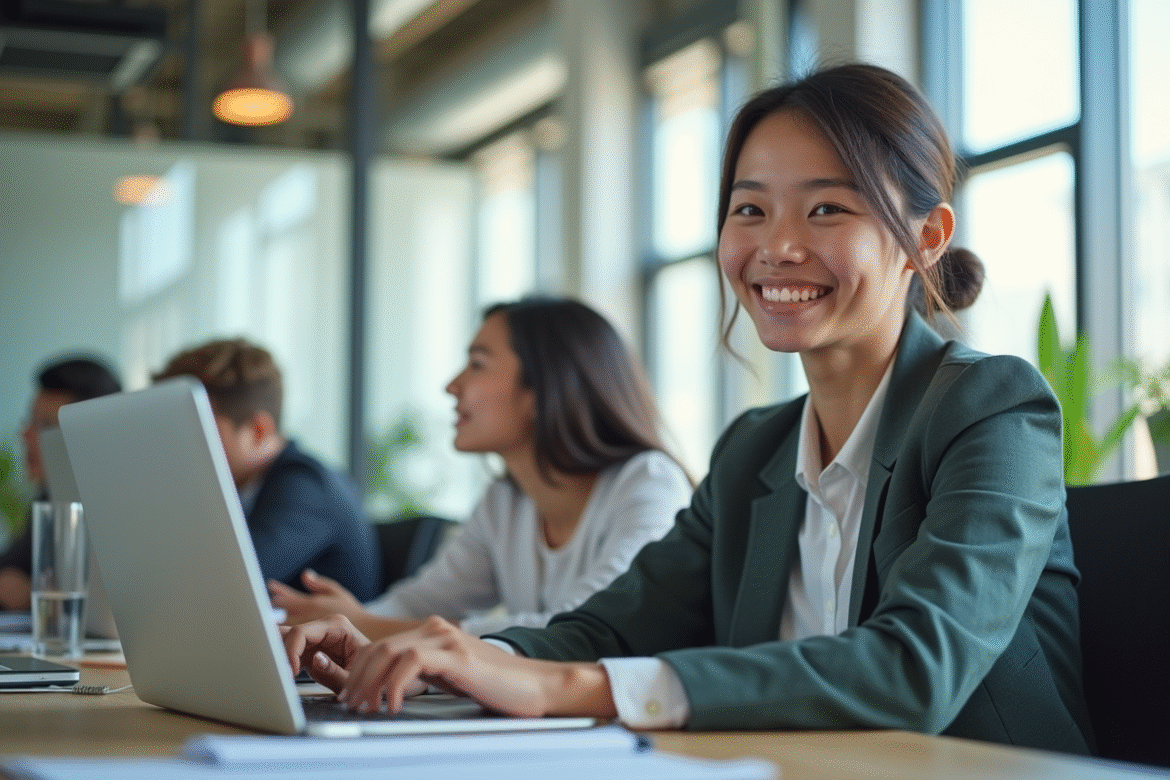 Jeune professionnel souriant travaillant sur un ordinateur dans un bureau lumineux