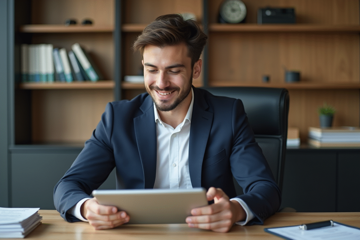 Jeune homme d'affaires en costume dans un bureau moderne
