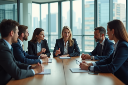 Six leaders d'affaires en réunion dans un bureau moderne