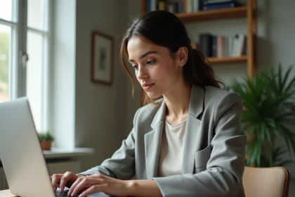 Jeune femme rédigeant une lettre de démission par mail sur son ordinateur portable depuis son bureau à domicile