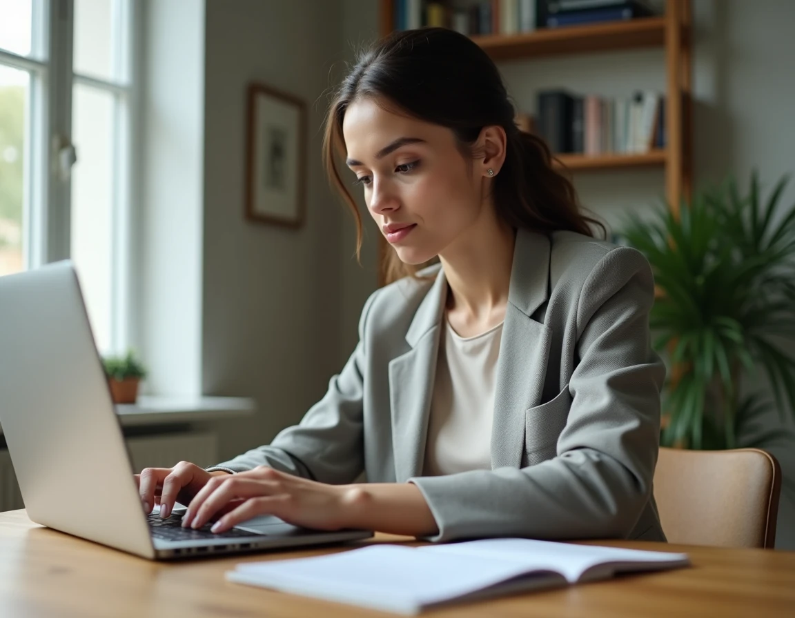 Jeune femme rédigeant une lettre de démission par mail sur son ordinateur portable depuis son bureau à domicile