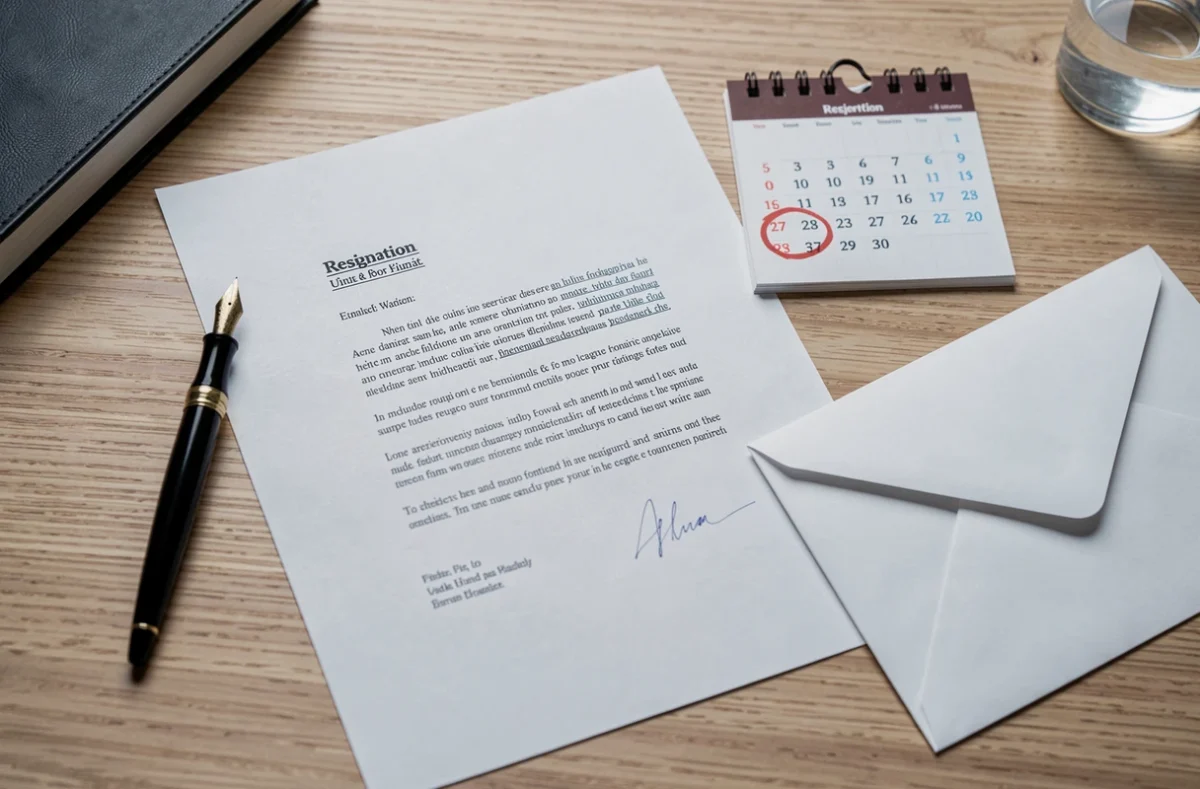 Lettre de démission imprimée avec stylo plume, enveloppe et calendrier sur un bureau en bois, vue de dessus