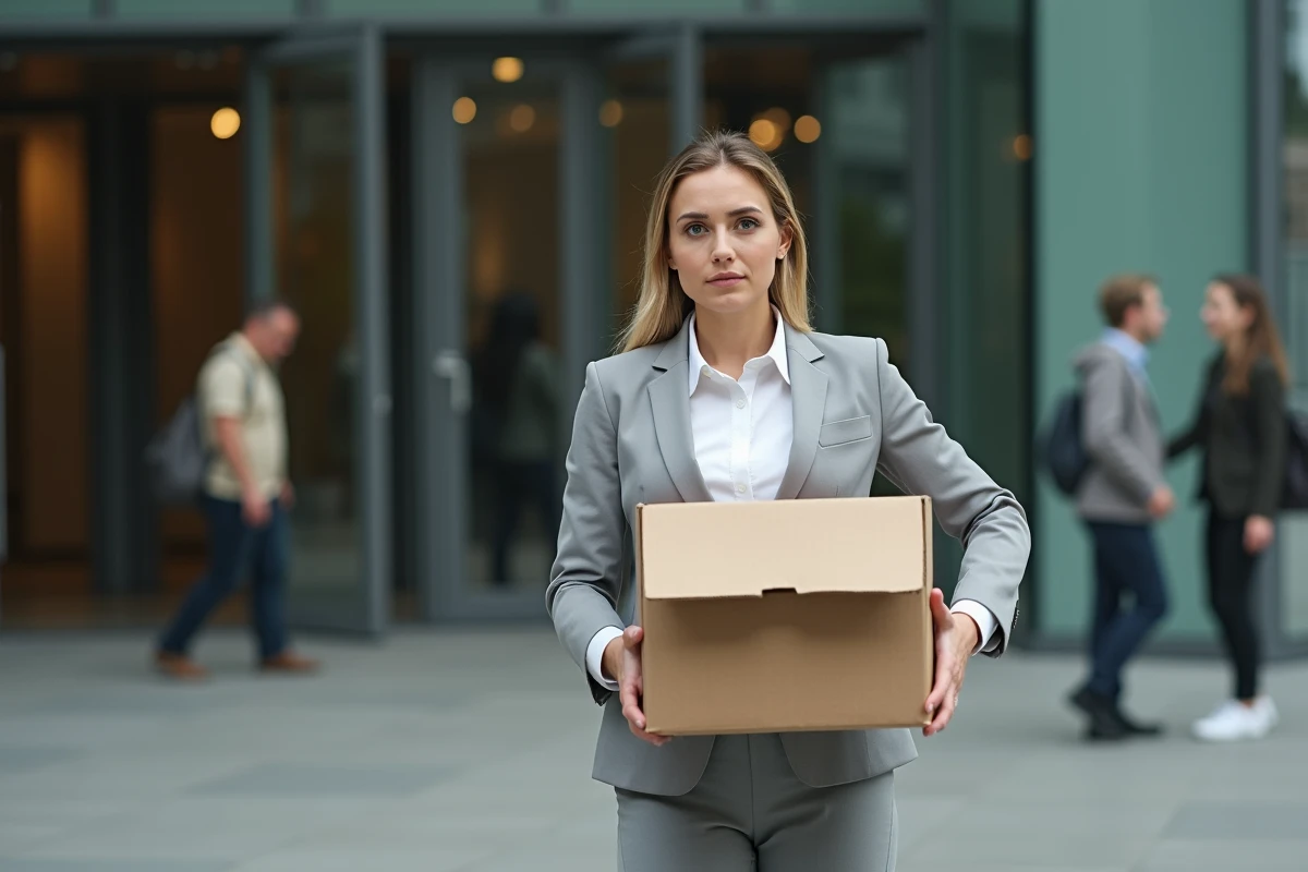 Une femme cadre quittant son entreprise avec ses affaires personnelles après un licenciement pour faute, évoquant les conséquences sur les droits au chômage