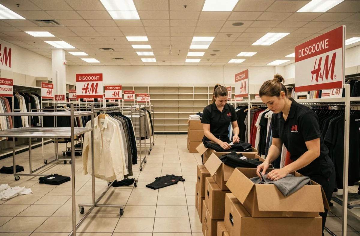 Employés H&M rangeant les derniers vêtements dans un magasin en cours de fermeture