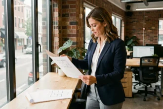 Femme professionnelle examinant des plans de bureau dans un espace de coworking moderne à Vincennes