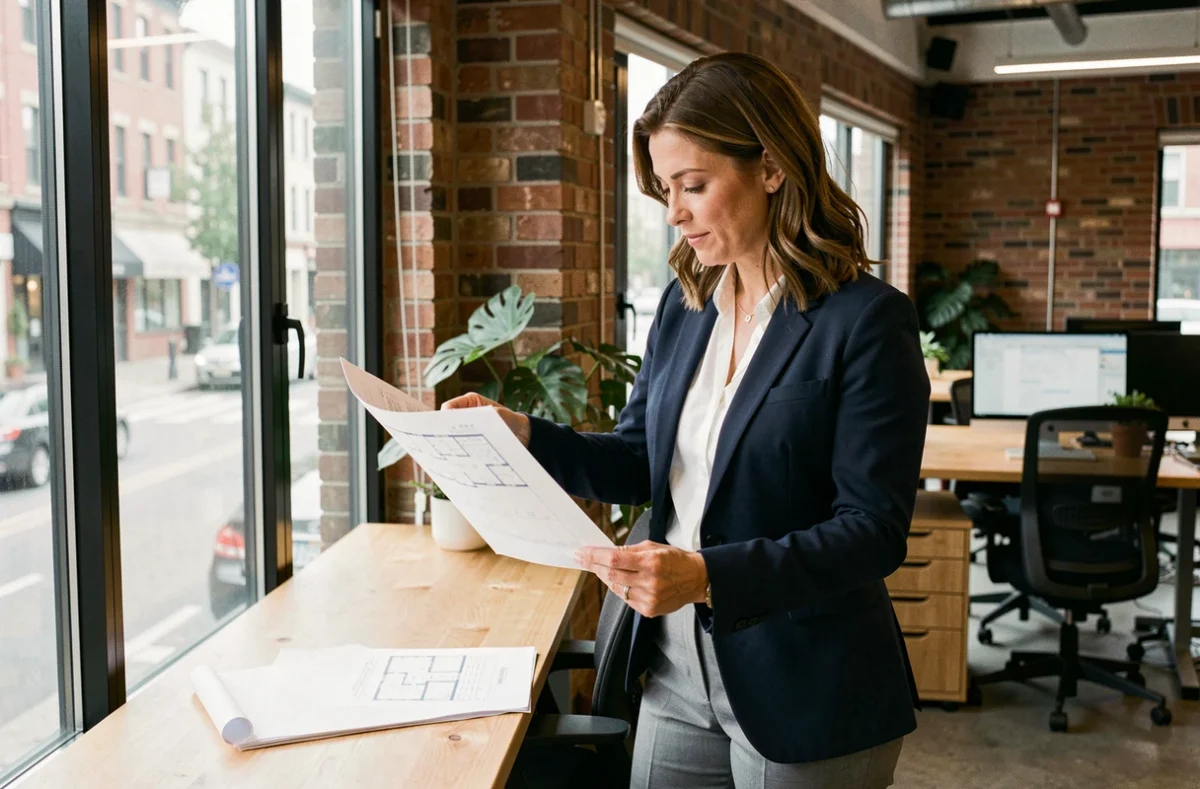 Femme professionnelle examinant des plans de bureau dans un espace de coworking moderne à Vincennes