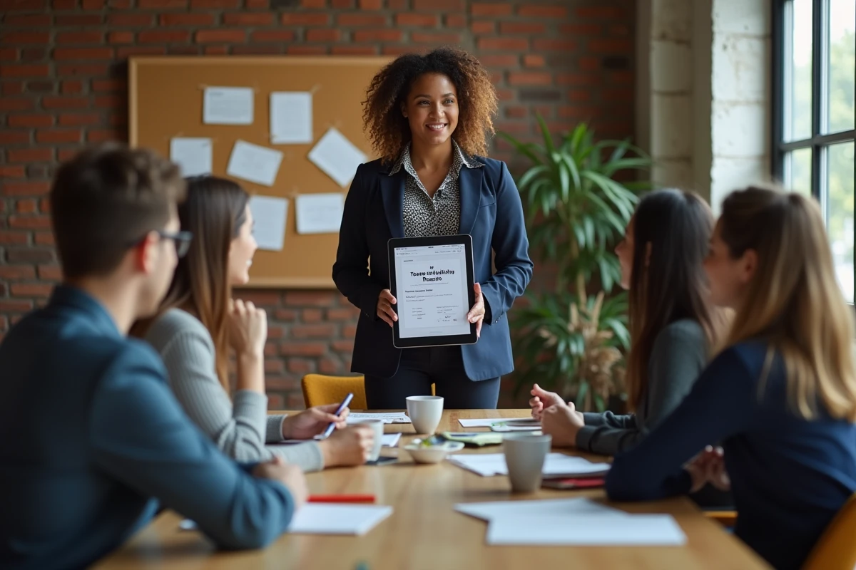 Jeune manager montre un meme humoristique à ses collègues en réunion