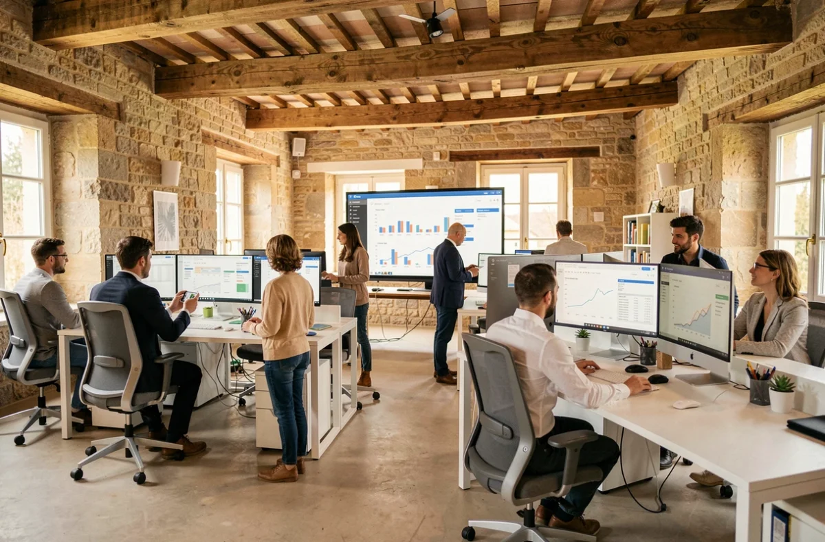 Équipe de professionnels SEO travaillant dans un bureau moderne en Dordogne avec des tableaux de bord d'analyse numérique