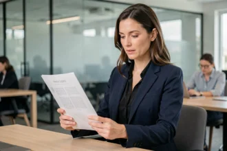 Femme professionnelle examinant une brochure commerciale avec mention visuel non contractuel dans un bureau moderne