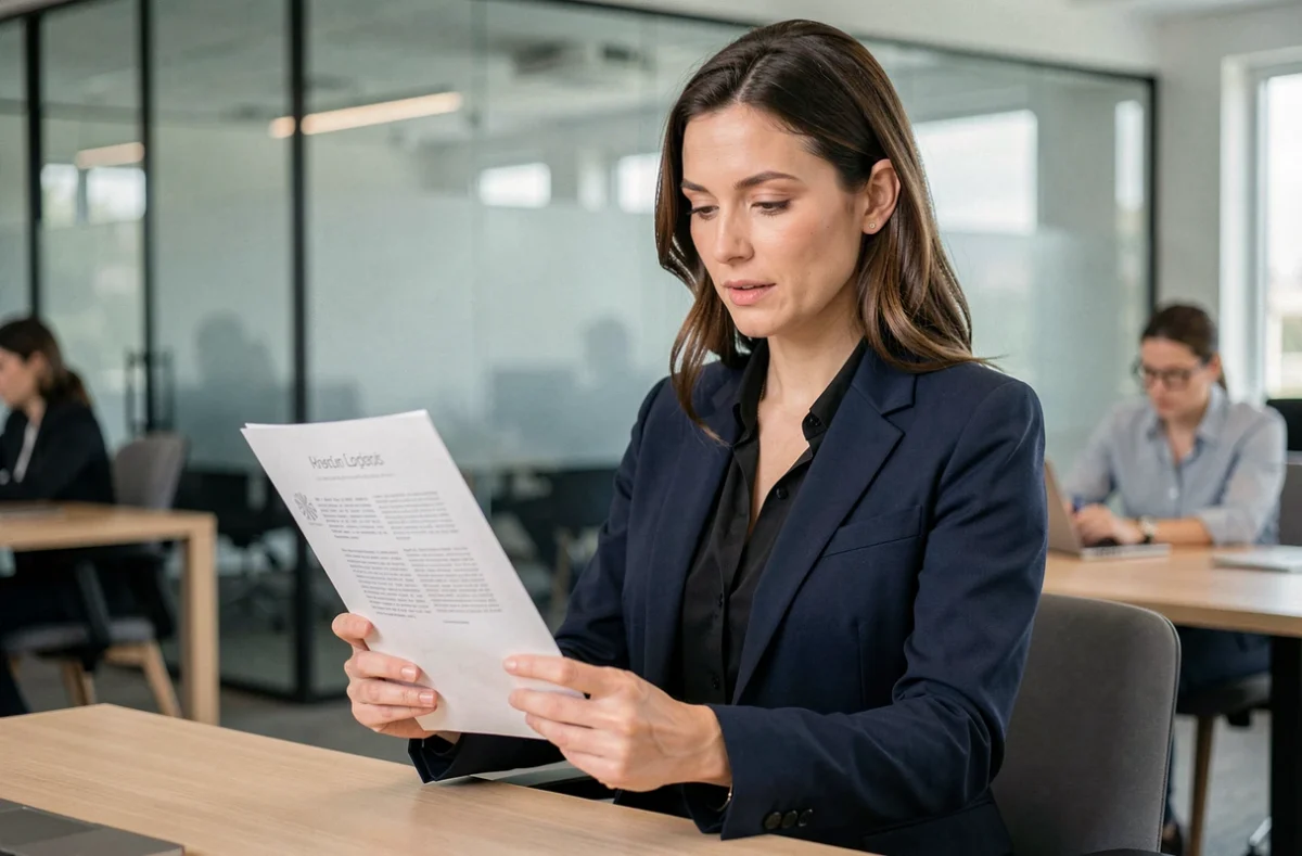 Femme professionnelle examinant une brochure commerciale avec mention visuel non contractuel dans un bureau moderne