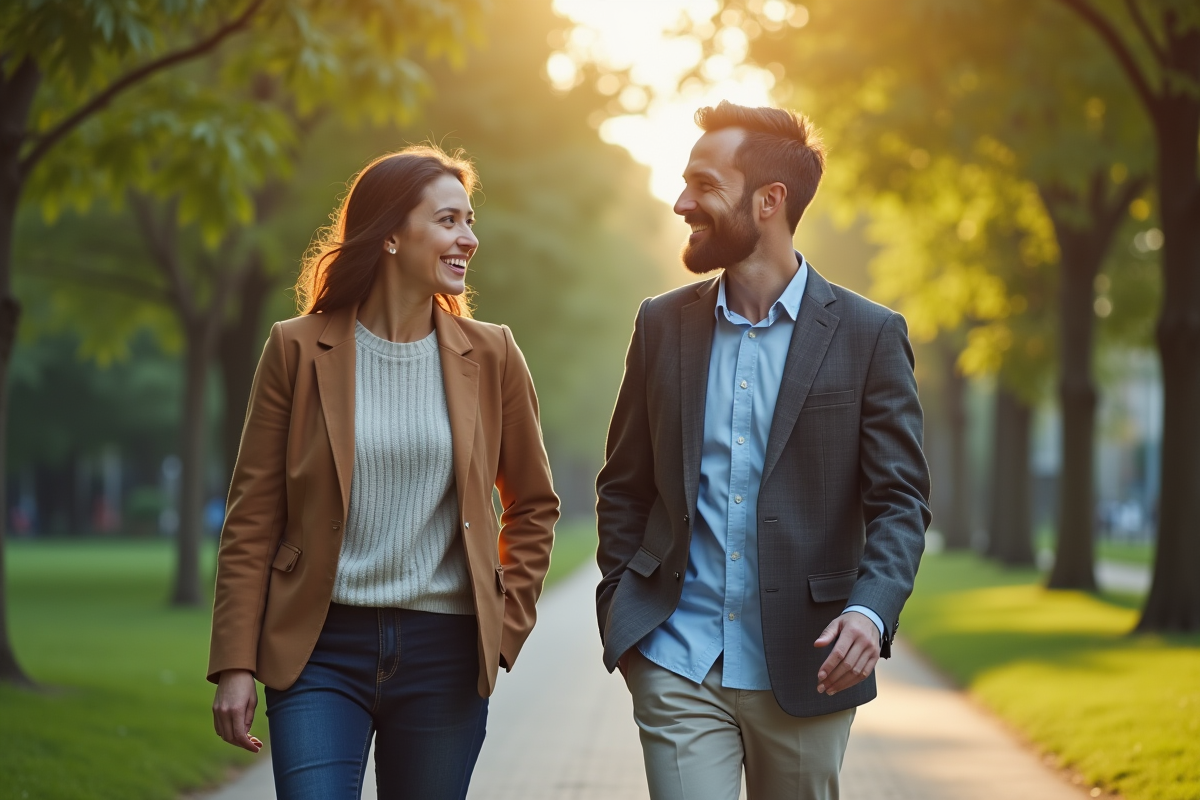 Mentor et collègue marchant dans un parc en discutant avec sourire