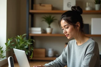 Mère travaillant à domicile sur son ordinateur portable dans un coin bureau chaleureux, illustrant le télétravail sans diplôme pour parents à la maison