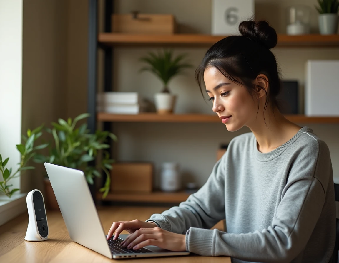 Mère travaillant à domicile sur son ordinateur portable dans un coin bureau chaleureux, illustrant le télétravail sans diplôme pour parents à la maison