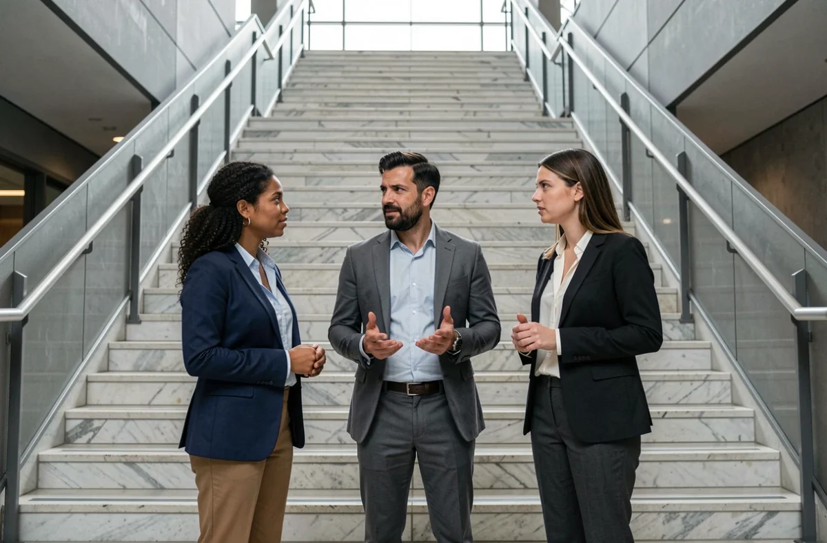 Groupe de trois professionnels en tenue business-casual au pied d'un grand escalier institutionnel, symbolisant la mobilité sociale et le plafond de verre