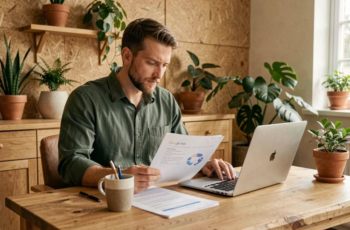 Consultant webmarketing de Natural Net examinant un audit Google Ads dans un bureau au cadre naturel et serein