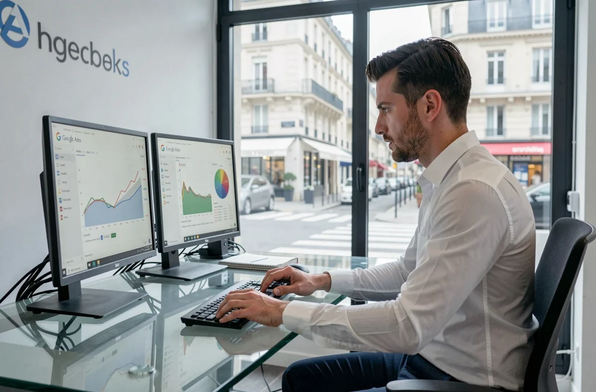 Analyste performance de l'agence Optya Agency concentré sur des données de conversion Google Ads dans un bureau épuré