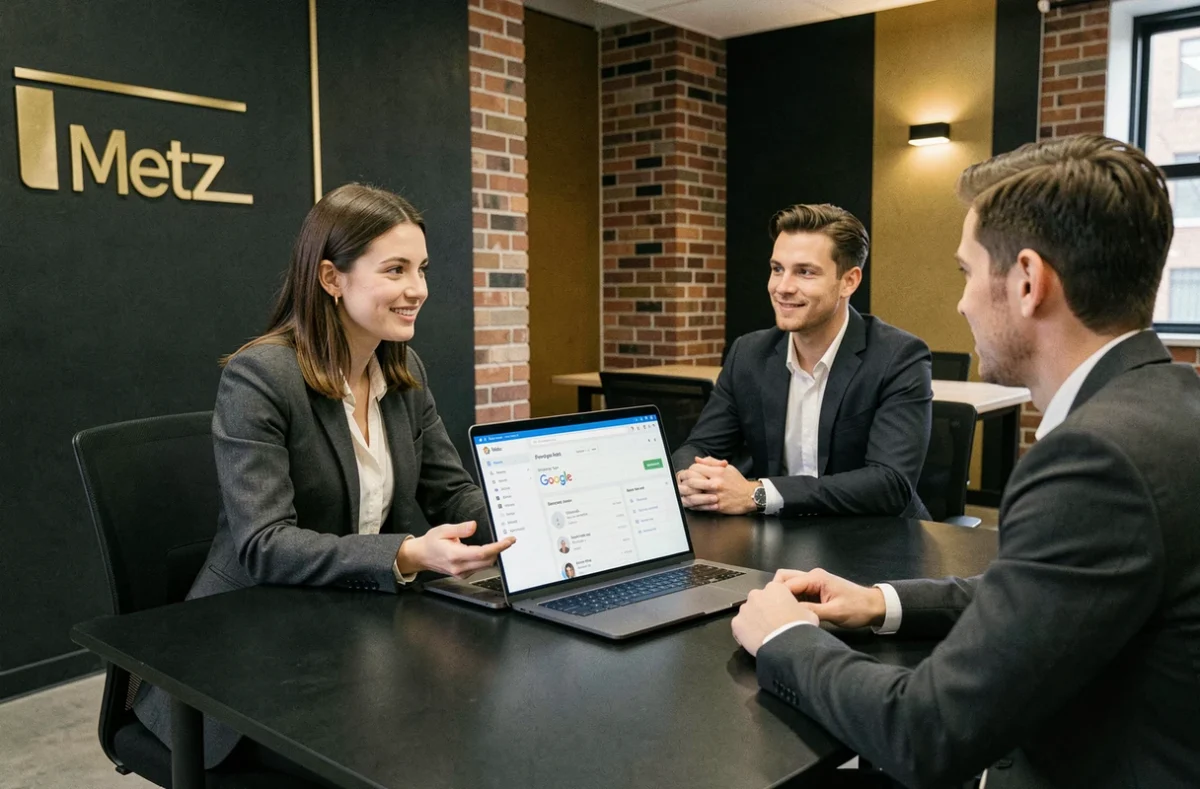 Équipe de l'agence Oscar Black à Metz présentant des résultats de campagnes Google Ads dans un bureau au design soigné