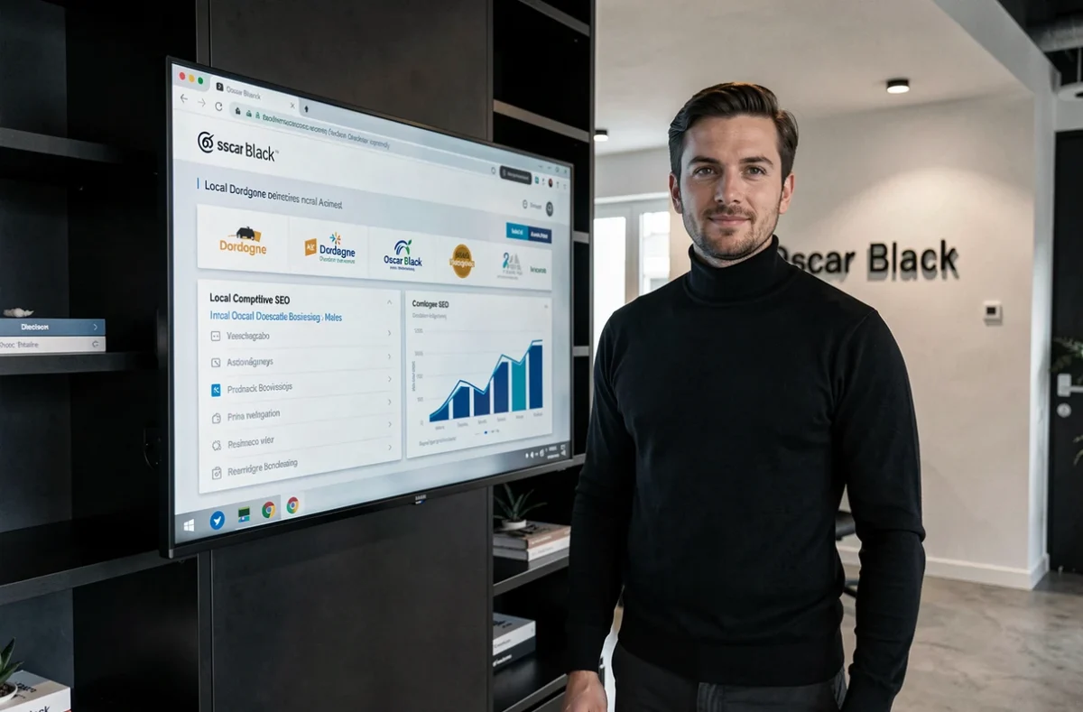 Manager de l'agence Oscar Black présentant une analyse SEO concurrentielle dans un bureau au design épuré noir et blanc