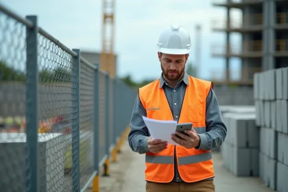 Homme en vestis de chantier consulte documents sur smartphone