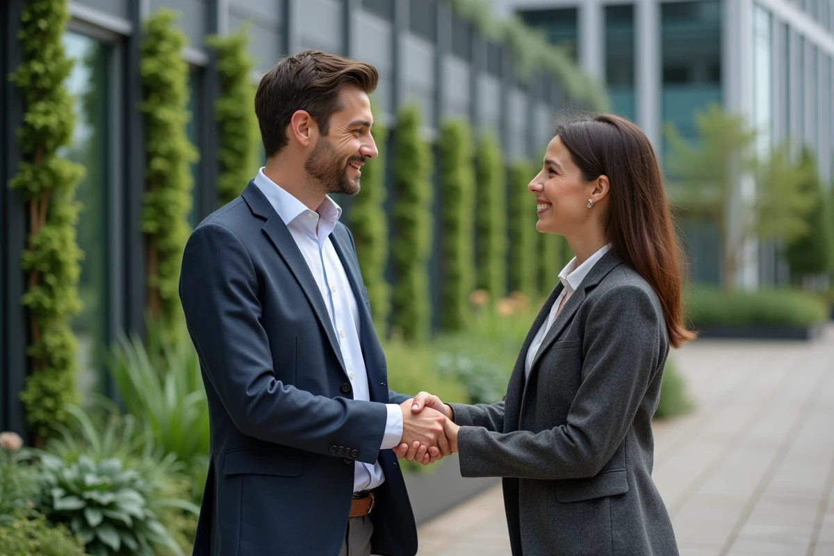 Deux partenaires se serrant la main devant un bâtiment innovant