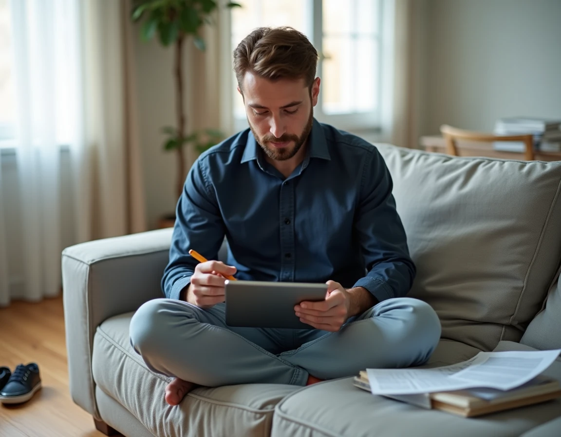 Père en télétravail sur une tablette dans son salon, représentant un parent à la maison exerçant un métier à distance sans diplôme requis
