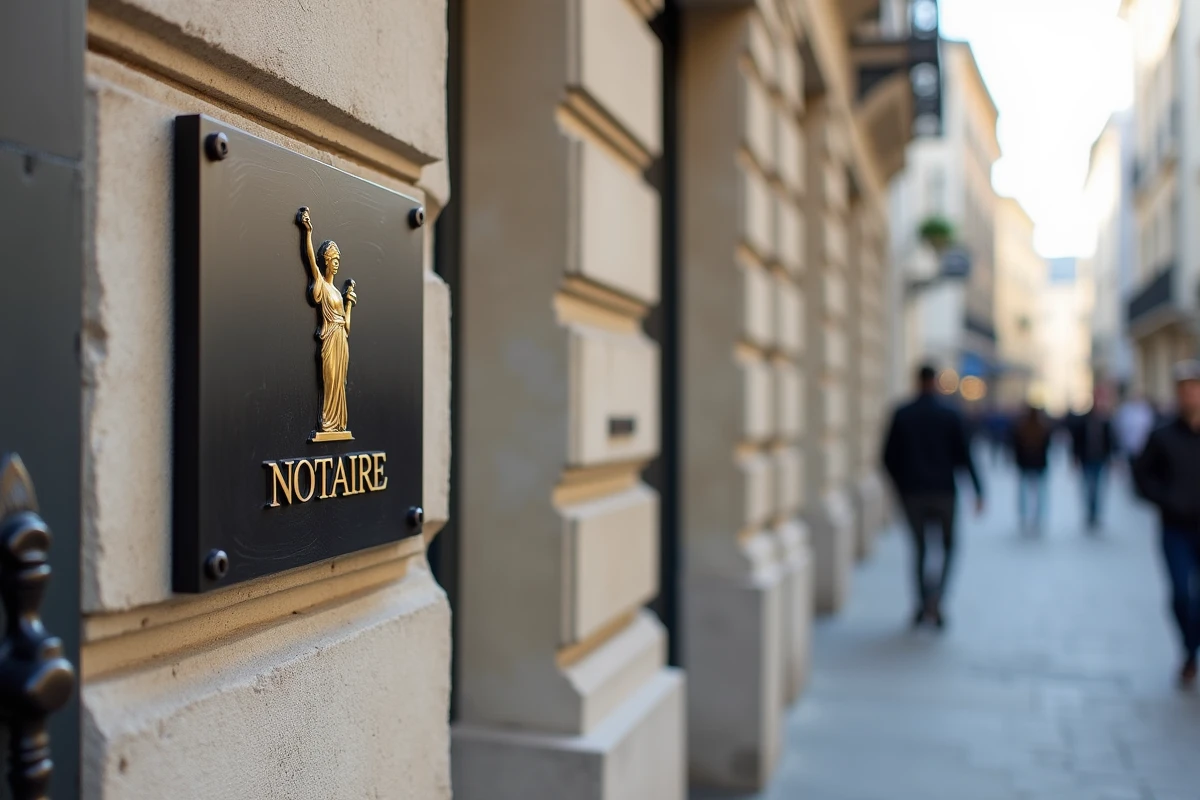 Plaque officielle contemporaine de notaire avec logo en or et noir fixée sur façade en pierre calcaire dans une rue française