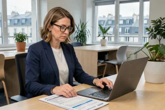 Responsable PME consultant les formulaires Prodouane sur son ordinateur portable dans un bureau moderne