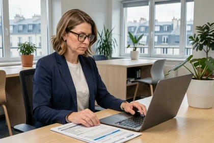 Responsable PME consultant les formulaires Prodouane sur son ordinateur portable dans un bureau moderne