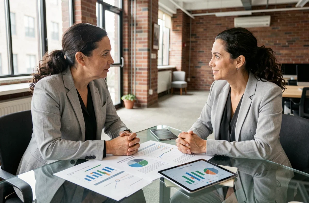 Femme en portage salarial discutant de ses droits à la retraite avec un conseiller financier dans un espace de coworking moderne