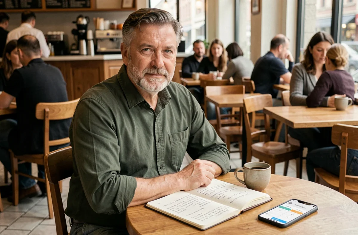 Travailleur indépendant en portage salarial prenant des notes sur sa retraite dans un café urbain avec un calculateur de pension sur smartphone