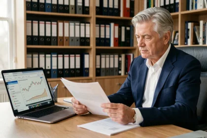 Consultant en portage salarial d'une cinquantaine d'années étudiant ses droits à la retraite sur des documents papier et un ordinateur portable dans un bureau à domicile