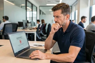 Technicien informatique frustré face à une erreur de connexion sur un intranet d'entreprise dans un bureau moderne